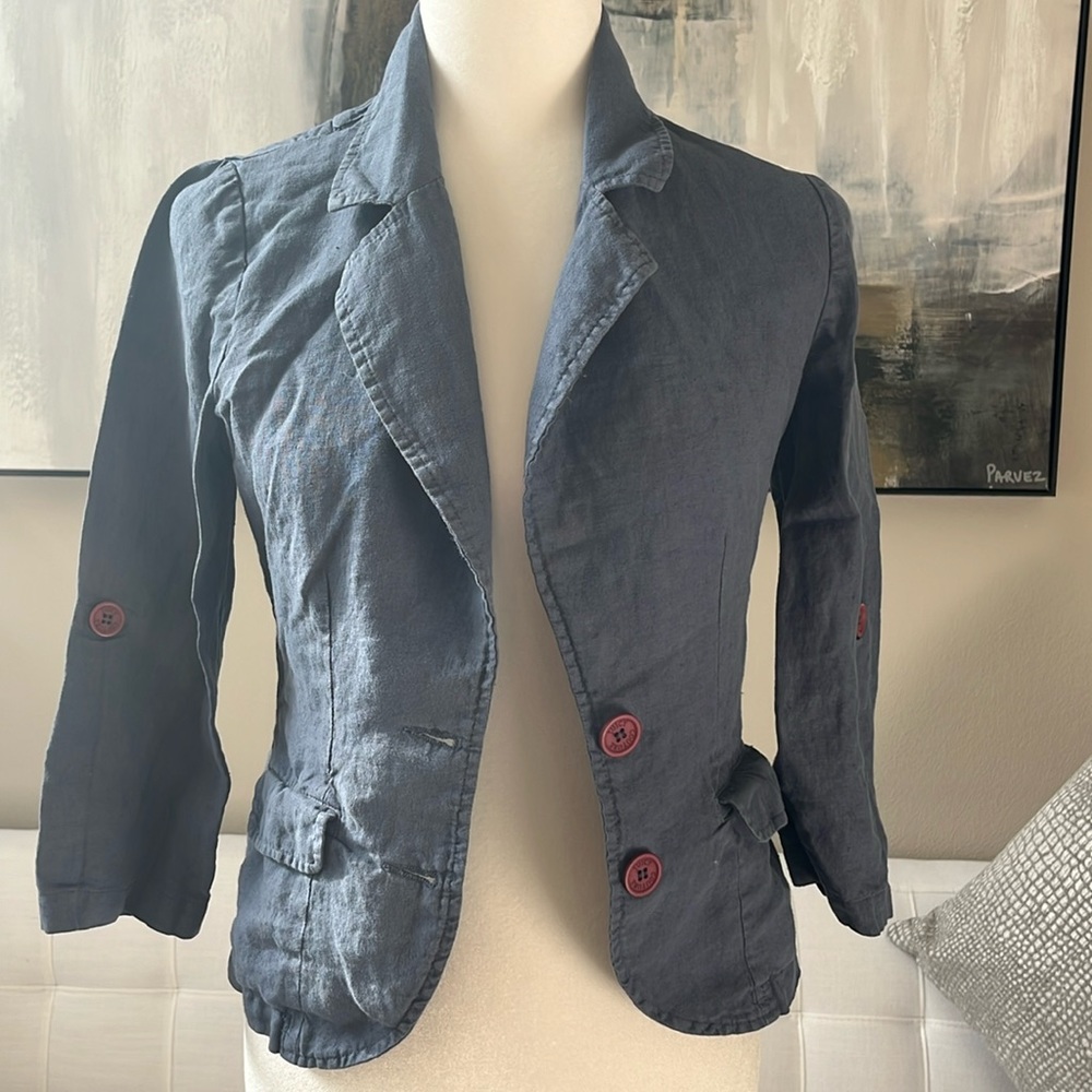 Juicy Couture Women 100% Linen Crop Tie Waist Button Blazer.
